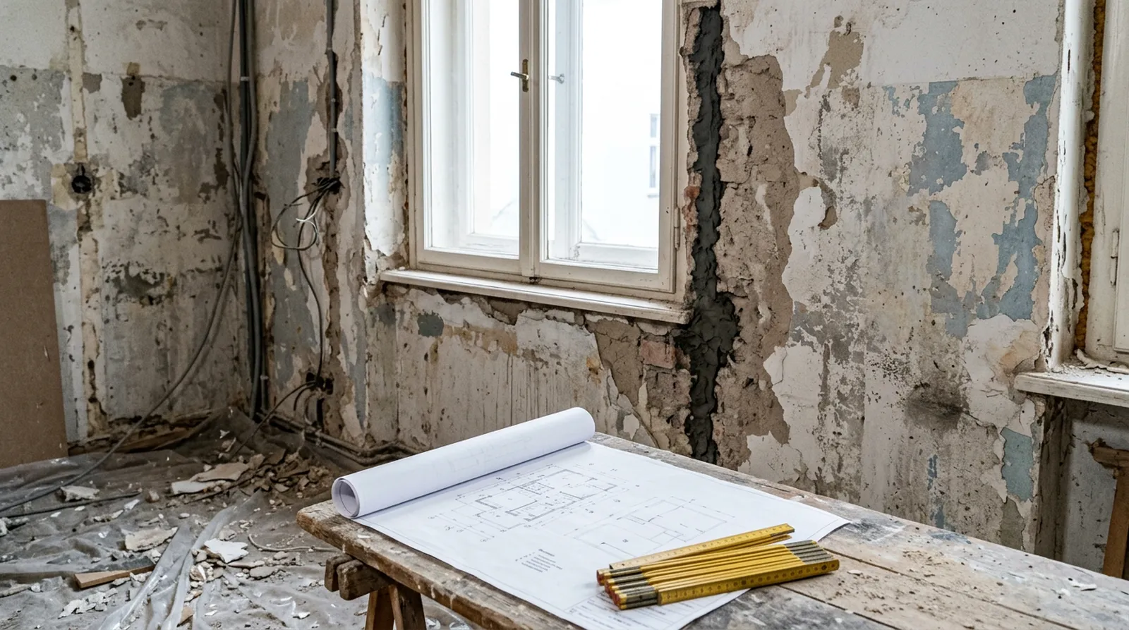 Freigelegte Altbauwand mit alten Farbschichten, Bauplan auf dem Tisch