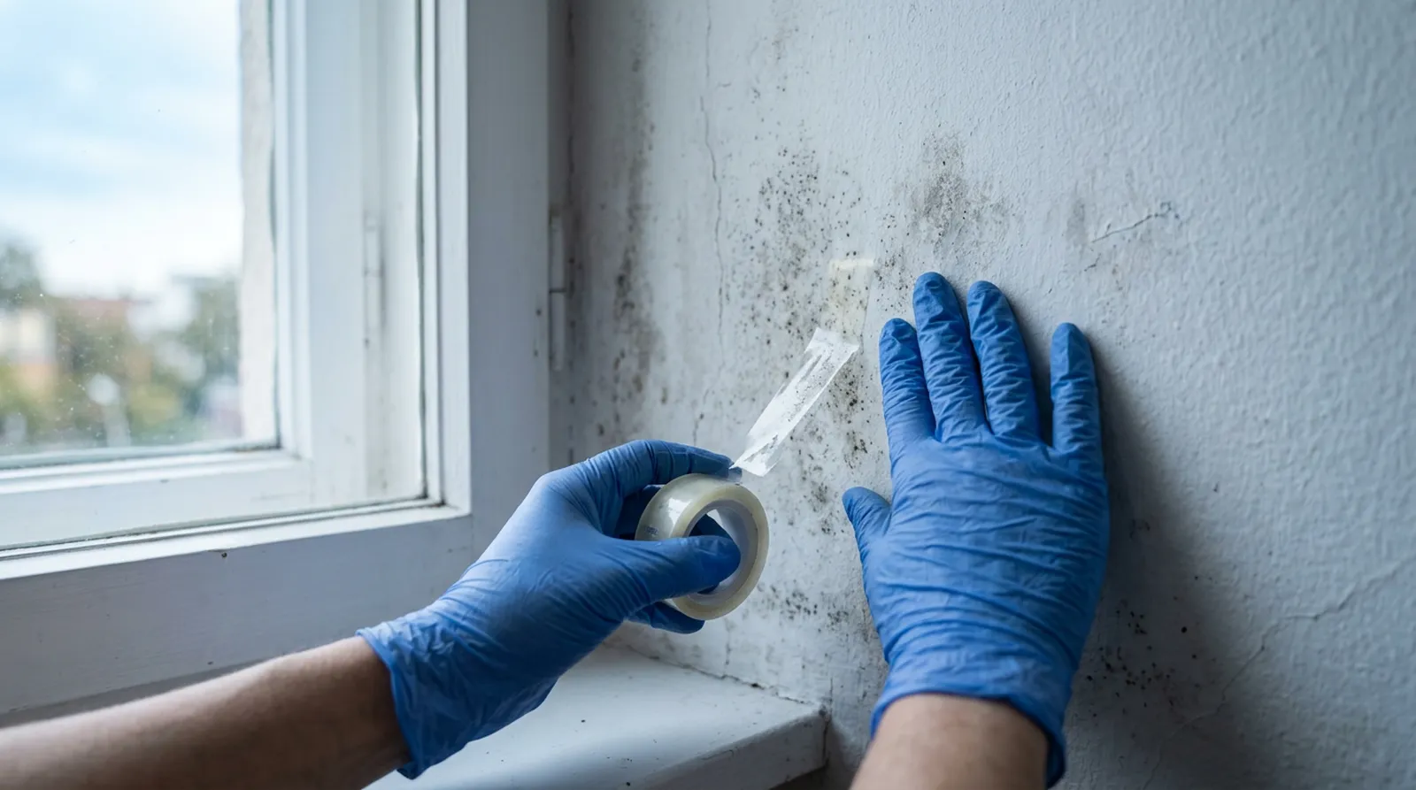 Klebefilmprobe an einer Wand mit Schimmelbefall