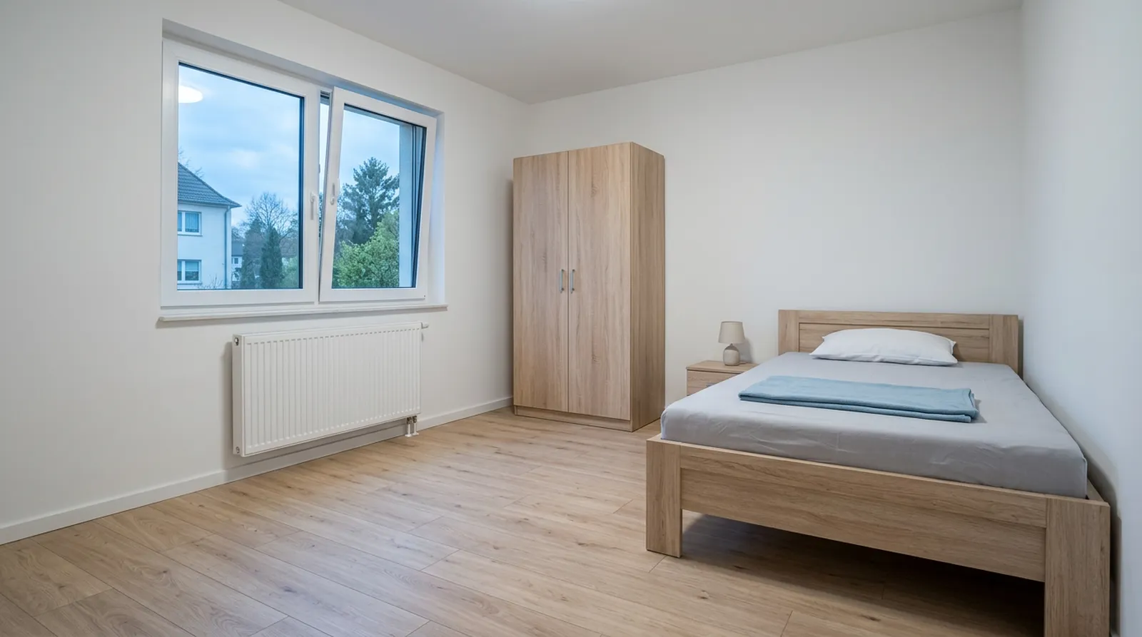 Frisch renoviertes Zimmer mit neuen Möbeln und gekipptem Fenster