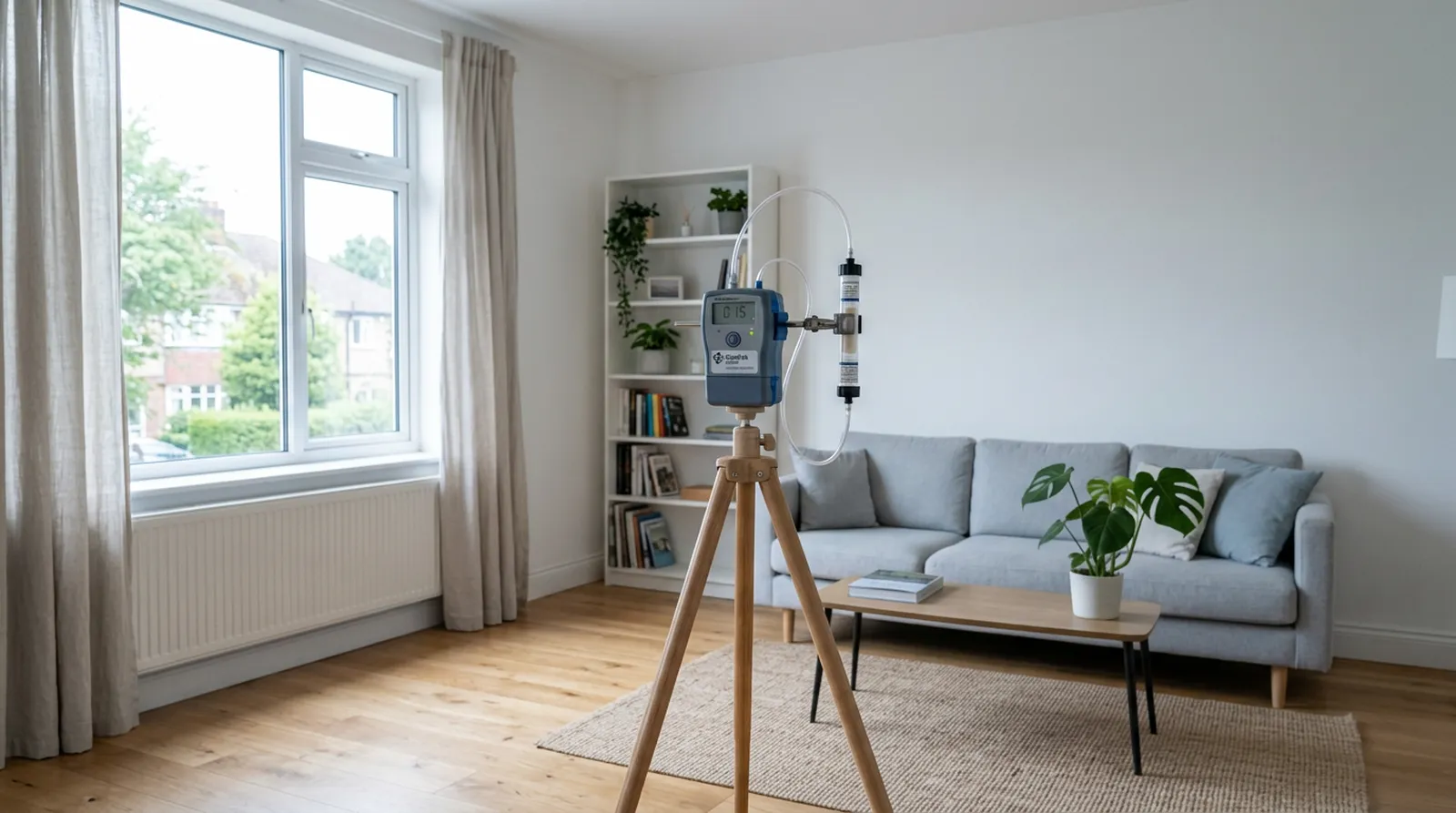 Probenahmepumpe mit Sorptionsröhrchen auf einem Stativ im Wohnzimmer